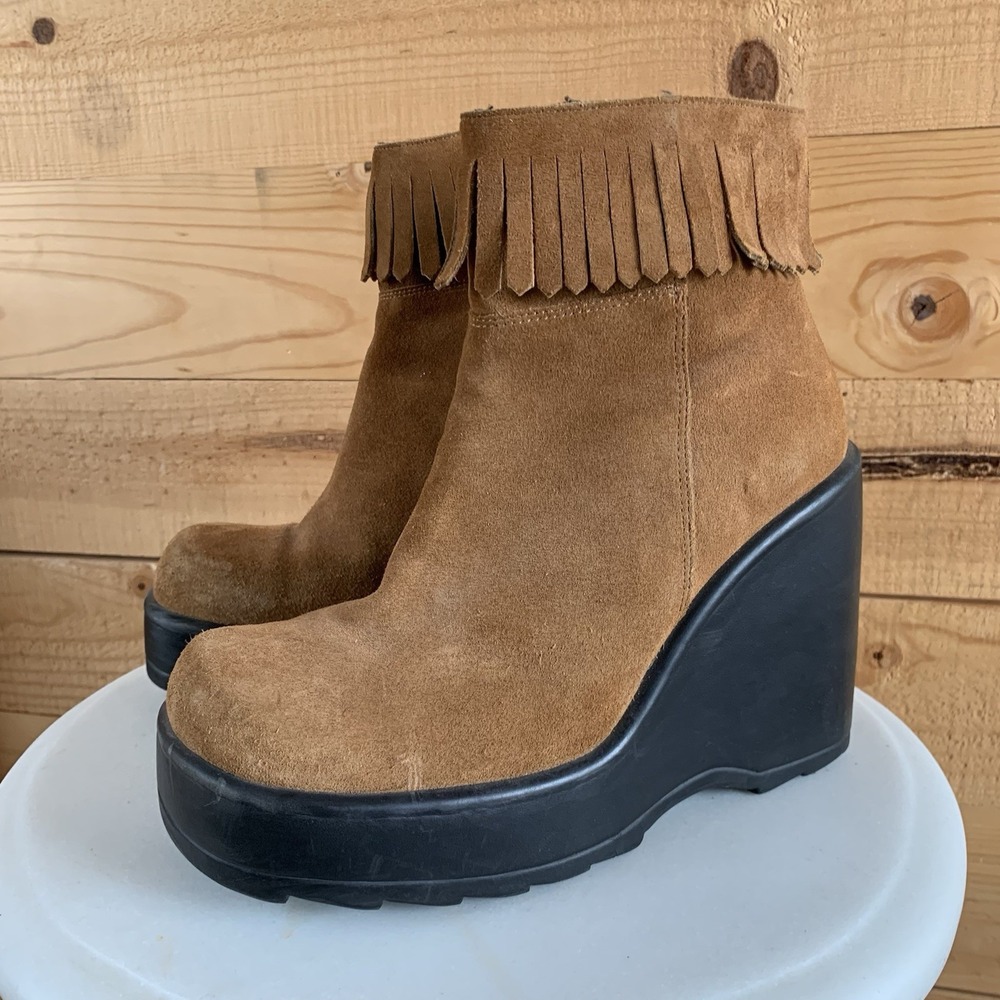 VTG Arizona Jeans 8.5m Suede Wedge Boots Fringe Moccasins Y2K Platform‎ Indie